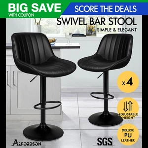 ALFORDSON 4x Bar Stools Gas Lift Leather Bar Chairs Kitchen Swivel ALL BLACK - Picture 1 of 11