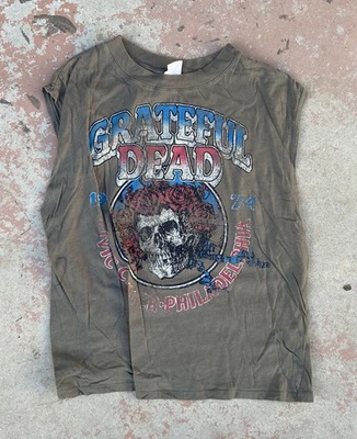 Vtg Grateful Dead Tour T Shirt Sleeveless Sz L Cropped 1974 Graphic Skull Flower - Image 1 of 4