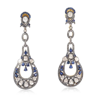 Orecchini a goccia in argento 18 carati 4,37 ct taglio rosa diamante zaffiro ... - Immagine 1 di 4