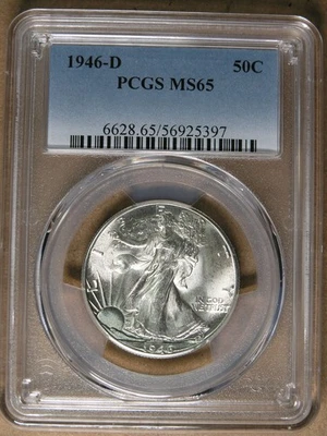 50C 1946-D Liberty Walking Half Dollar PCGS MS65 GEM BU * AvenueCoin - Image 1 of 4