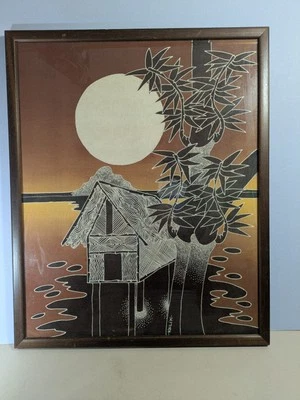 Batik Art Oil On Silk Indonesian Titled Moonlight By Kelik Framed Mid Century  - Image 1 of 4
