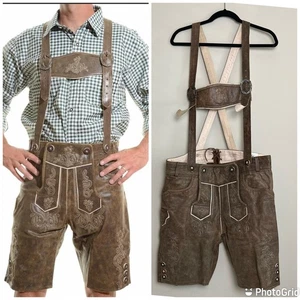 Lederhosen4U Suspenders Leather Medium Brown Embroidered Oktoberfest Sz 52 - Picture 1 of 9