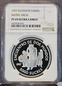 1997 ECUADOR SILVER 5000 SUCRES NATIVE DRESS NGC PF 69 ULTRA CAMEO SCARCE - Picture 1 of 3