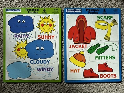 2 Vtg Puzzle Patch Picture Tray Puzzles Preschool Toddler Kids WEATHER & CLOTHES - Image 1 of 4