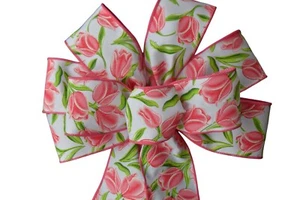 Spring Wired Wreath Bow - 10" across- Handmade - Pink Tulips Flowers Floral - Picture 1 of 7