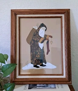 Vintage Folk Art Father Christmas Framed Fabric Art Piece 12" X 15" Handmade  - Picture 1 of 13