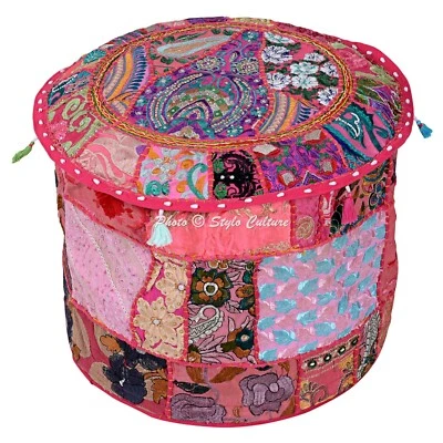 Bohemian Round Pouf Cover Patchwork Embroidered Modern Pouffe Indian 22" Pink - Image 1 of 3