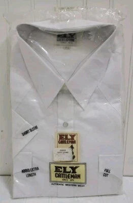 NUEVO CON ETIQUETAS Camisa a Presión Occidental Blanca Sólida Manga Corta XL 17.5 ELY CATTLEMAN De Colección Para Hombre Foto 1 de 4