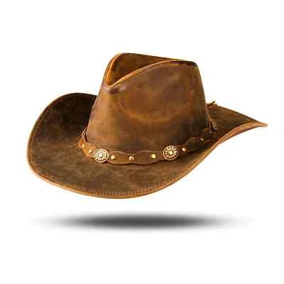 Sombrero vaquero occidental de cuero genuino marrón para hombre y mujer Foto 1 de 4