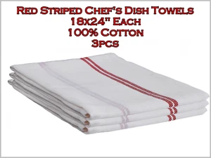Chef's Dish Towels White with Red Stripes 18x24" 100% Cotton - 3pcs NEW - Picture 1 of 9