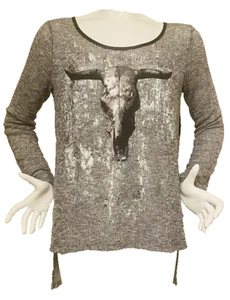 ROCK & REPUBLIC Gray Steer Skull Top With Faux Leather Cross On Back Medium - Picture 1 of 11