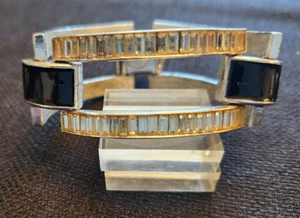 Kenneth Jay Lane Vintage 1980's Silver Tone Clear Crystal & Black EnamelBracelet - Picture 1 of 11