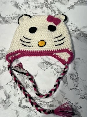 Hello Kitty Beanie Cap Hat Handmade Crocheted Dangle Ties Kids Medium - Image 1 of 4