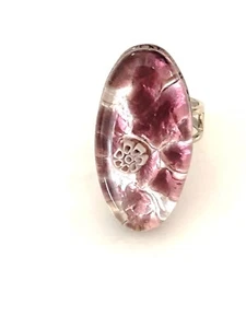 SILVER LIGHT PURPLE  OVAL AUTHENTIC VENETIAN MURANO GLASS ADJUSTABLE RING 23MG - Picture 1 of 3