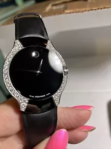 Movado Quartz Black Museum Dial Unisex Watch With Diamond Bezel - Picture 1 of 9