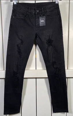 Pantalones de mezclilla ajustados negros 28x31 nuevos con etiquetas jóvenes e imprudentes desgastados destruidos para hombre Foto 1 de 4