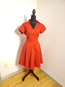 Maggie Tang Womens Faux Wrap Dress Red Belted Collar Short Sleeve 100% Cotton - Picture 1 of 8