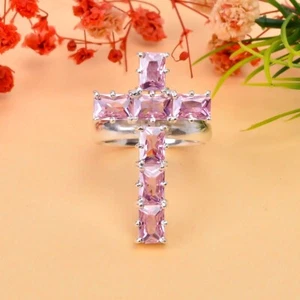 Rose Quartz Gemstone Handmade Cross Shape Ring, 925 Sterling Silver Cross Ring. - Picture 1 of 4