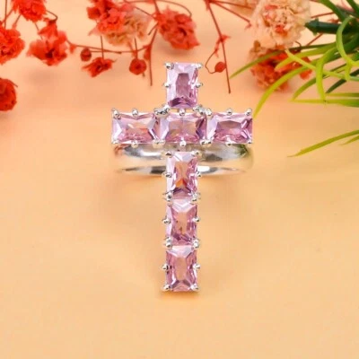 Handmade Rose Quartz Gemstone  Cross Shape Ring, 925 Sterling Silver Cross Ring. - Image 1 of 4