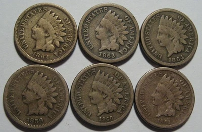 6 COINS = 1859 1860 1861 1862 1863 1864 G/VG Copper Nickel INDIAN Cents - Image 1 of 2