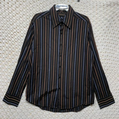 Camisa masculina 7 diamantes tamanho XL preta azul laranja listrada manga longa botão para cima - Imagem 1 de 4