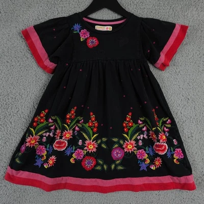 Desigual Dress Girls 7 8 Black Red Pink Embroidered Floral Striped Trim Cotton - Image 1 of 4