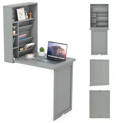 Escritorio convertible flotante montado en la pared para computadora con estanterías de almacenamiento gris Foto 1 de 4