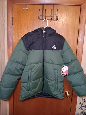 锐步双面绿色橄榄黑色迷彩连帽缓冲夹克男式中号全新带标签 — 第 1/4 张图片