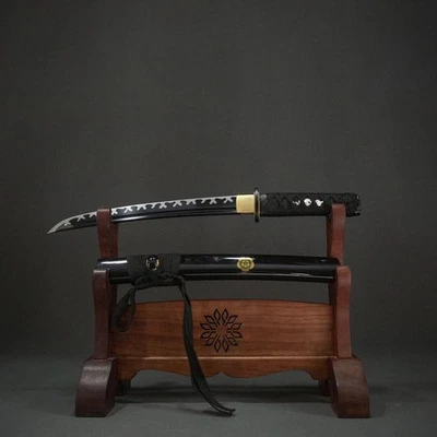 Черный танто - лезвие из углеродистой стали 1060 - отполированный вручную край - лакированная деревянная ножна - Изображение 1 из 4