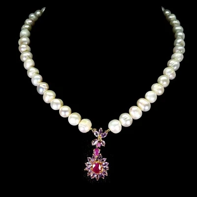 925 Collana Argento Legge Ovale Rubino 8x6mm Ametista Perla Non USA Importazione - Immagine 1 di 4