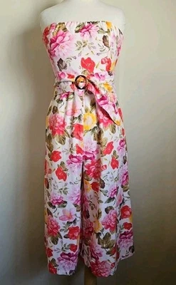 Venus Linen Blend Floral Peony Strapless Palazzo Belted Jumpsuit Cropped Size 10 - Image 1 of 4