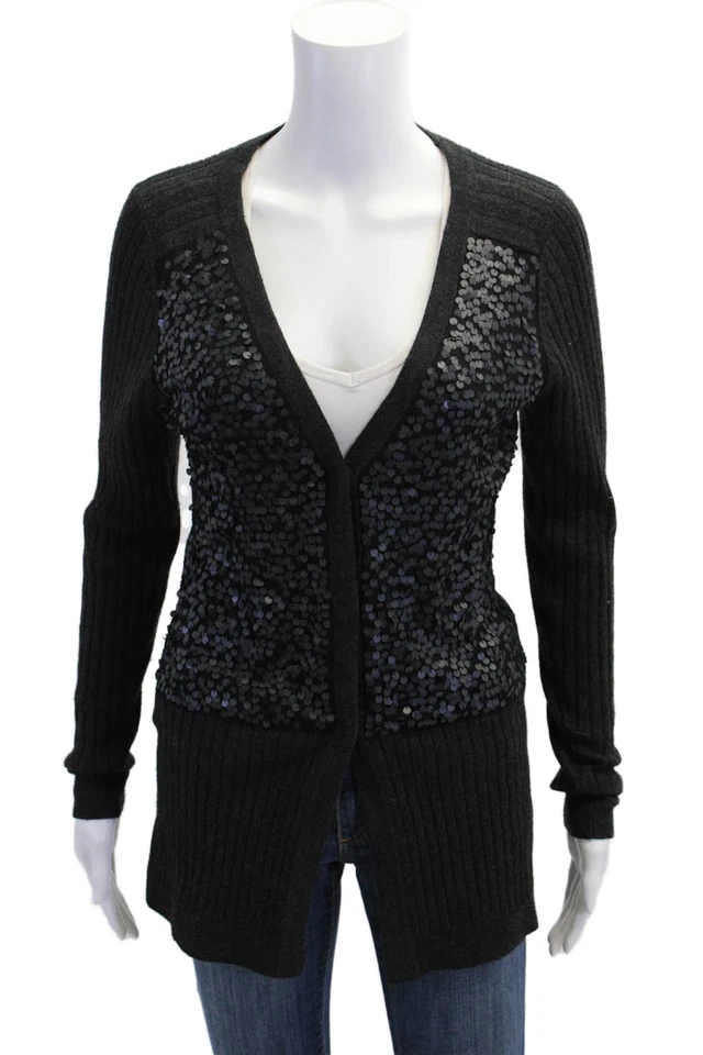 Cárdigan suéter gris con botones de lentejuelas tejido de lana Nanette Lepore para mujer talla M Foto 1 de 4