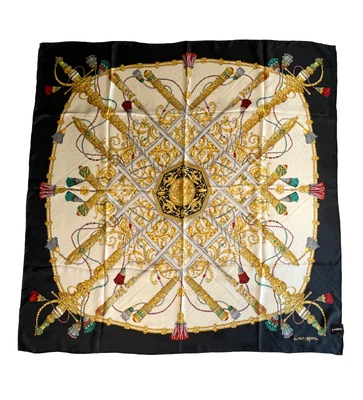 Bufanda de seda Lancel nueva con etiquetas - Motivo de espada y borla real - Cuadrado de 40" Foto 1 de 4