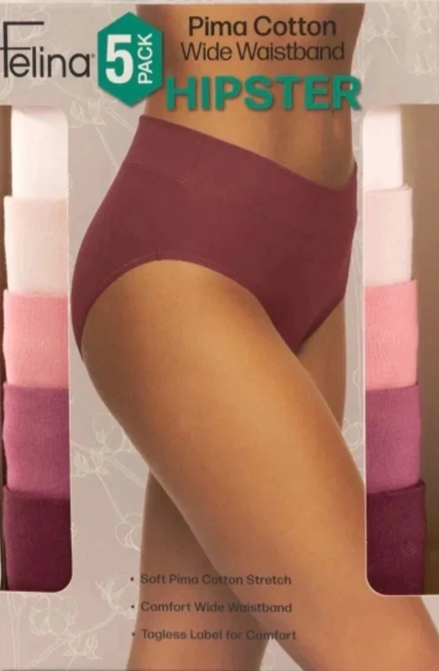Felina Women’s Hipster Panties 5-Pack Pima Cotton Soft Stretch Size L