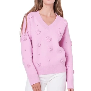 English Factory Women's V-Neck Pink Sweater 3D Rose Flower Detail Size Medium - Picture 1 of 10