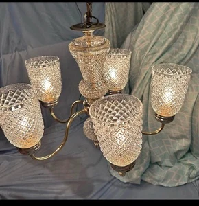 Vintage 1970s Chandelier Light Gold Brass 5 Arm Diamond Point Cut Shades - Picture 1 of 12