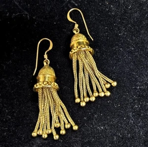 Victorian 14k Gold Long Tassel Earrings, Antique Statement Jewelry - Picture 1 of 12