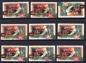 1997 Australia $10 Wetlands Jabiru Bird Used Lot x 9 Stamps - Picture 1 of 1