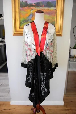 Spencer Alexis Black Red Floral Lace Wearable Art Drape Front Kimono Jacket M - Image 1 of 4