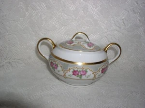 Fraureuth Germany Zuckerdose rosa Blumen grauer Rand - Bild 1 von 6