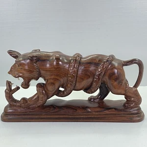 Vintage Wooden Hand Carved Tiger Cat Fighting Serpent Snake Wood Figure 13” Read - Picture 1 of 24