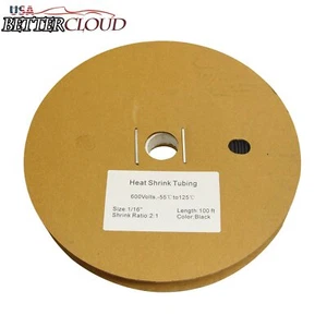 Black 1/16" 100 FT. 100' Feet 1.5mm Polyolefin 2:1 Heat Shrink Tubing Tube Cable - Picture 1 of 5