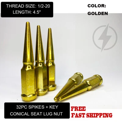 FIT CHEVROLET C/K TRUCK SPIKE LUG NUT 4.5'' CONICAL SEAT 1/2-20 GOLD 32PC+KEY - Image 1 of 4