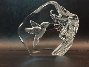 Vintage Hummingbird Etched Lead Crystal Art Glass Paper Weight Ice Block 6"x5" - Picture 1 of 4
