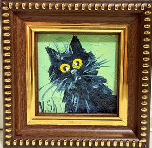 Arte firmado divertido retrato al óleo original de gato negro enmarcado animal mascota - Imagen 1 de 7