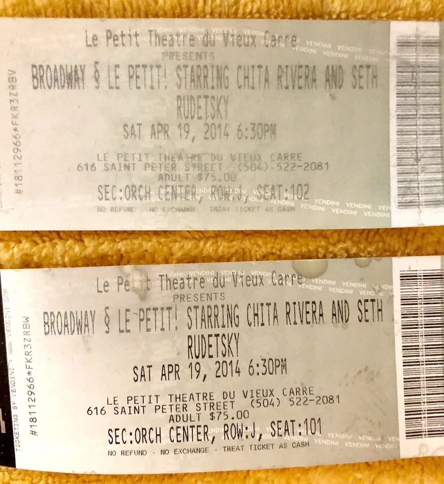 PAR DE ENTRADAS (usadas), CHITA RIVERA, 19 de abril de 2014, Barrio Francés Foto 1 de 1