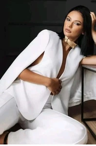 Zara 2Pc Suit White Cape Blazer Straight Pants Shoulder Pads NWT MEDIUM - Picture 1 of 17