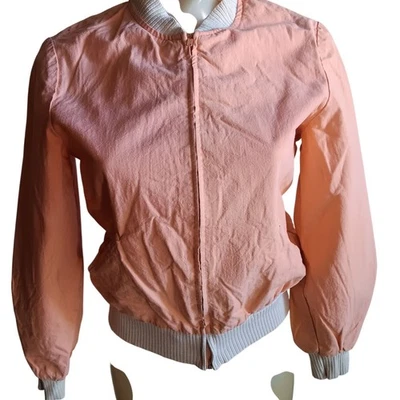 Wome'ns Small Vintage Bomber Jacket 70's Put On Peach Pink Ribbed Collar & Cuffs - Image 1 of 4