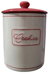 NewClassic Enterprises Keramik rot & weiß Keksdose roter Deckel "COOKIES" auf Vorderseite - Bild 1 von 5