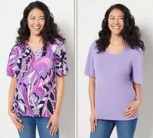 Susan Graver Set Of 2 Print & Solid Liquid Knit Tops Purple/Orchid Sz XS - Picture 1 of 7